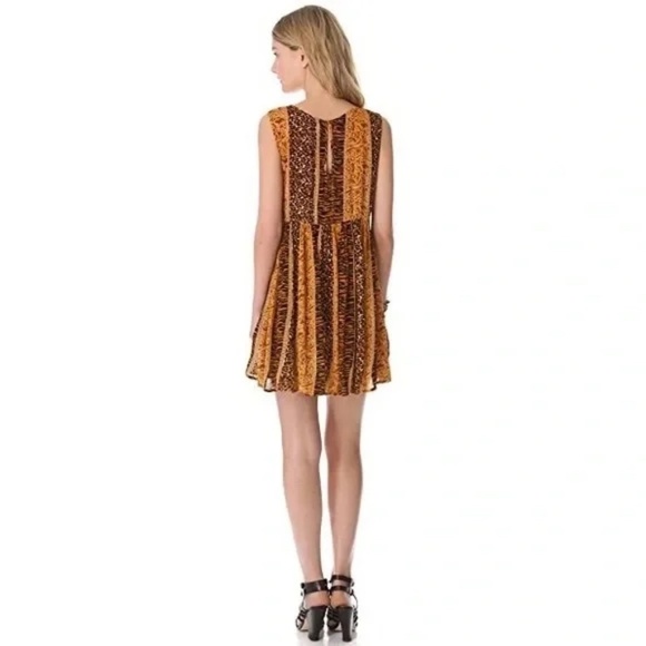 MinkPink | Yellow Orange Animal Print Crepe Gauze Sleeveless Mini Dress, Small - Picture 3 of 8